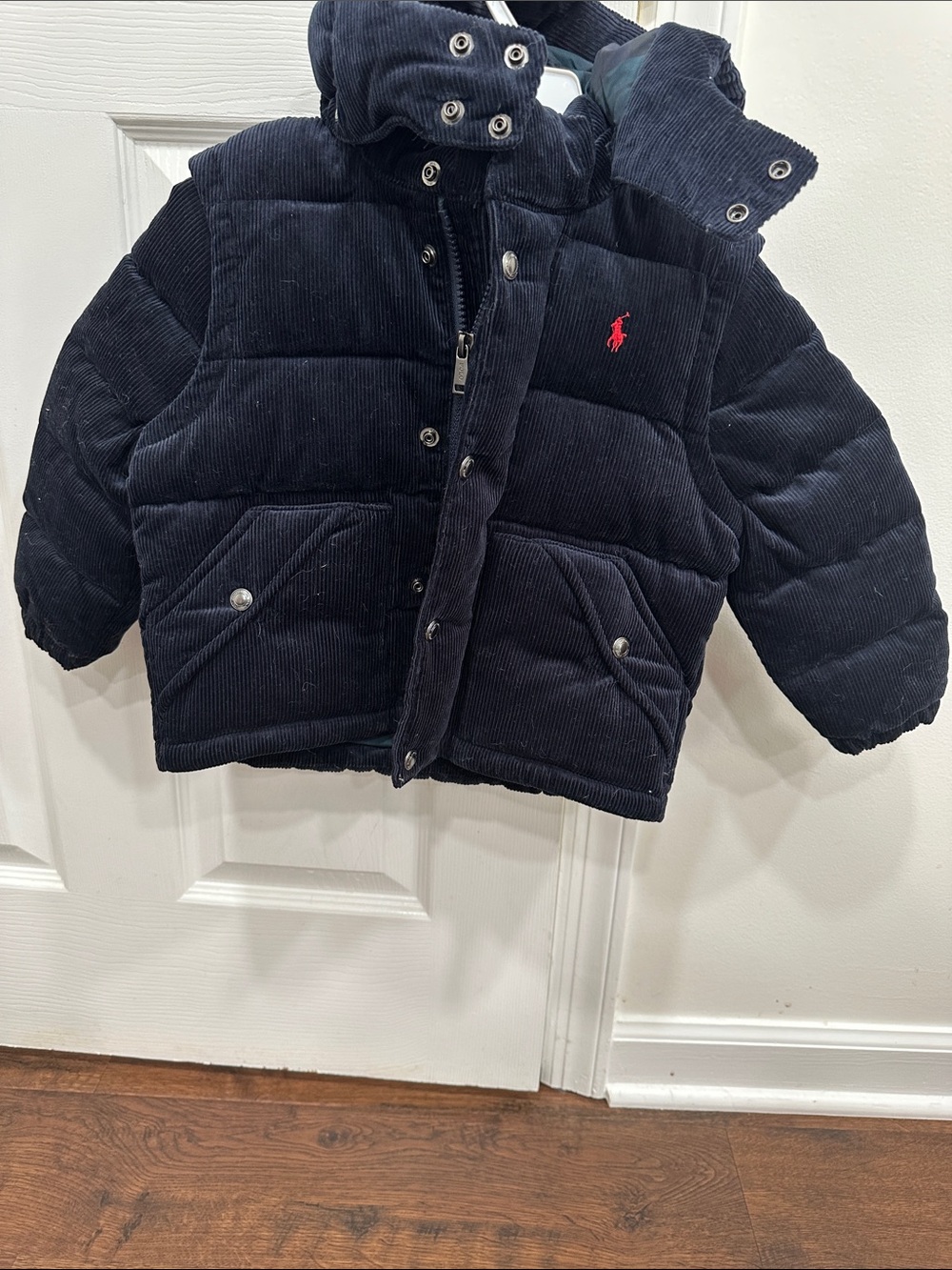 Ralph Lauren Navy Corduroy Puffer Coat with Red Pony